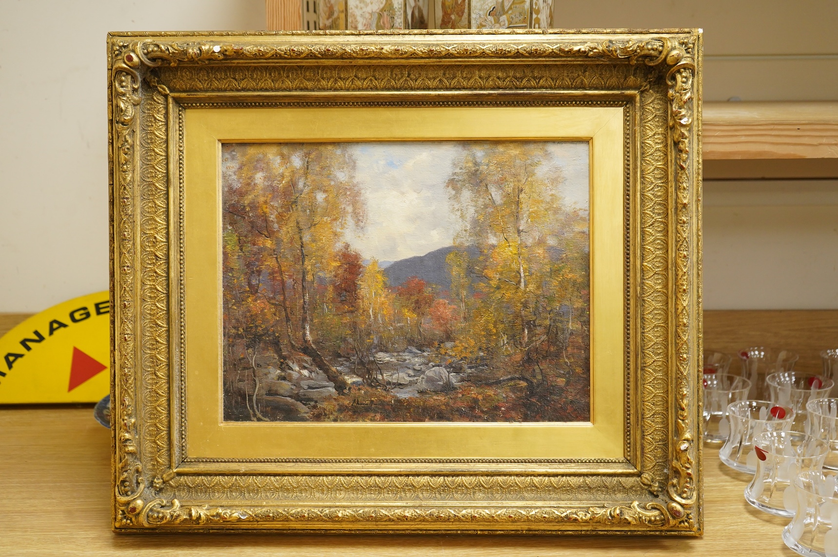 Attributed to Joseph Morris Henderson RSA (Scottish, 1863–1936), Woodland landscape with stream, bears signature, oil on canvas, 32 x 42cm, ornate gilt frame
